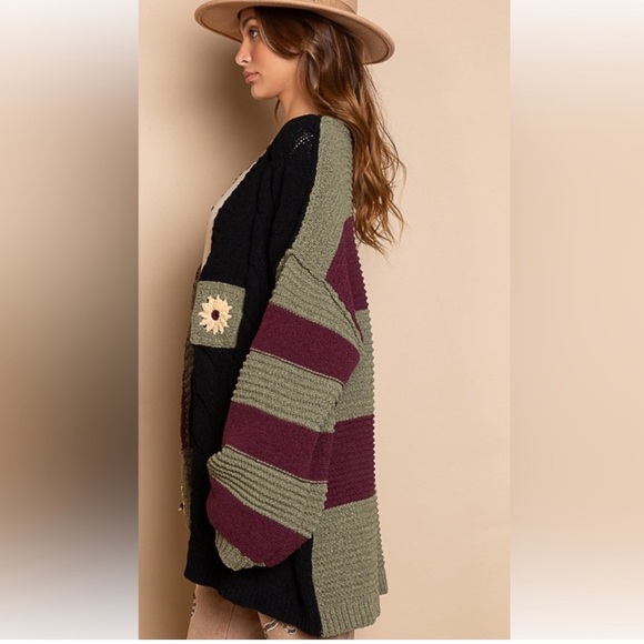 POL Color Block Floral Striped Waist Tie Loop Cardigan, medium oversized - Picture 3 of 12